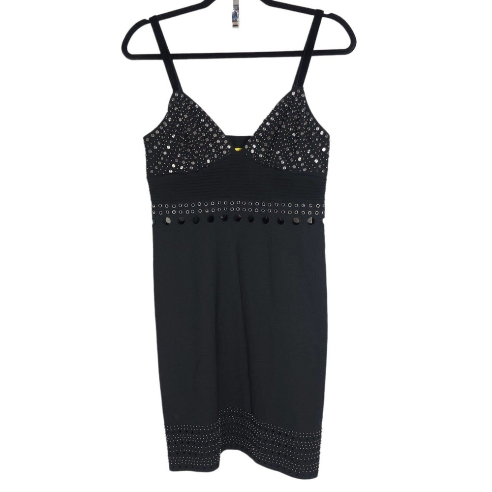 Catherine Malandrino Dress Black Wool Studded Grommet Eyelet Slip Y2K Runway 2 - Picture 1 of 12
